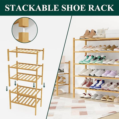 Smiry Long Bamboo Shoe Rack, 5 Tier Free Standing Wooden Shoe Organizer, Stackable Wood Shoe Storage Shelf for Closet, Entryway, 12 Vertical Slats, 2+2+1 Stack Standard Legs, 33.7"x11"x32.5", Natural