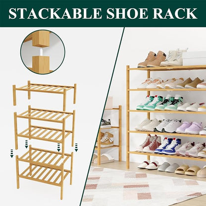 Smiry Long Bamboo Shoe Rack, 4 Tier Free Standing Wooden Shoe Organizer, Stackable Wood Shoe Storage Shelf for Closet, Entryway, 12 Vertical Slats, 2+2 Stack Standard Legs, 33.7"x11"x26", Natural