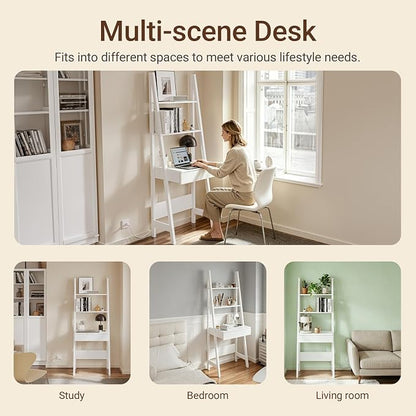 Haotian Ladder Desk with Power Outlet, Narrow Bookshelf Desk with Drawer and Shelves, Compact Secretary Desk for Small Spaces, Bedroom, Home, Office (White FWT112-W)