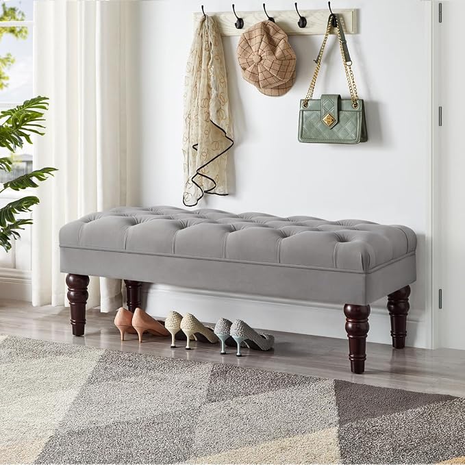 24KF Velvet Upholstered Buttons Tufted Entryway Bench with Solid Wood Leg,Bed Bench Ottoman with Padded Seat,5061N-Gray
