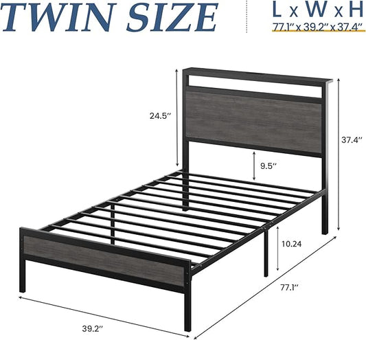 Fluest Twin Bed Frame with Headboard & Footboard, Twin Bed Frame with Charging Station & LED Light, Under-Bed-Storage, No Box Spring Needed, Noise Free, Easy Assembly, Rustic Grey