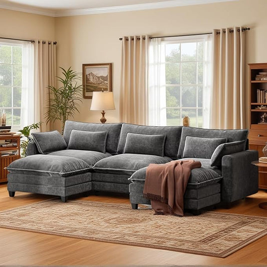 Marsail Modular Sectional Sofa 110.6" U-Shaped Modern Comfy Cloud Couch, 5-Seat Chenille Deep Seat Sofa with Throw Pillow & Movable Ottoman for Living Room, Bedroom and Apartment, Grey