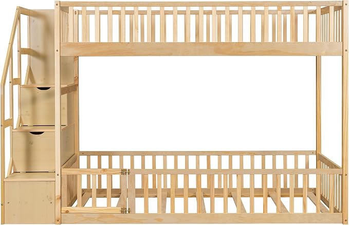 Twin Over Twin Floor Bunk Bed with Storage Ladder and Guardrails,for Kids Teens Adults (Natural#Ladder, Twin Over Twin)