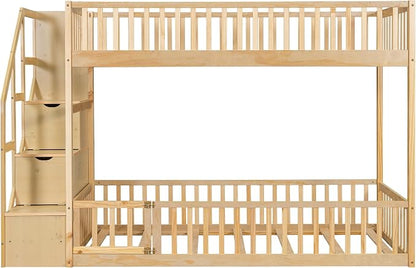Twin Over Twin Floor Bunk Bed with Storage Ladder and Guardrails,for Kids Teens Adults (Natural#Ladder, Twin Over Twin)