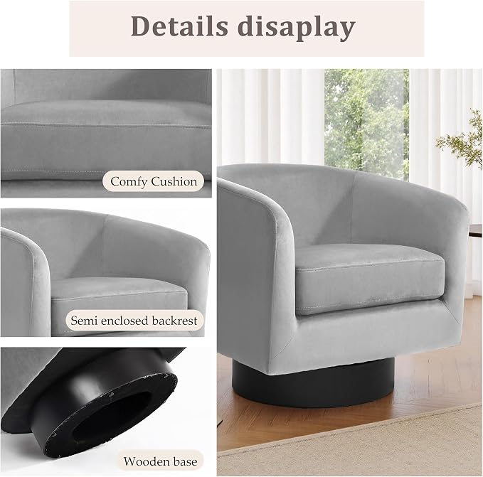 Swivel Barrel Accent Chair, Velvet Upholstered Armchair Modern Round Club Arm Chair for Living Room, Comfy Single Sofa Seating Bedroom Side Reading Seat for Home Office - Gray