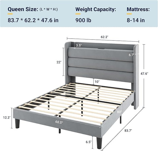Allewie Queen Size Upholstered Bed Frame with Charging Station & Storage Headboard, Soft Velvet Wingback Platform Bed, Strong Wooden Slats Support, No Box Spring Needed, Easy Assembly, Light Grey