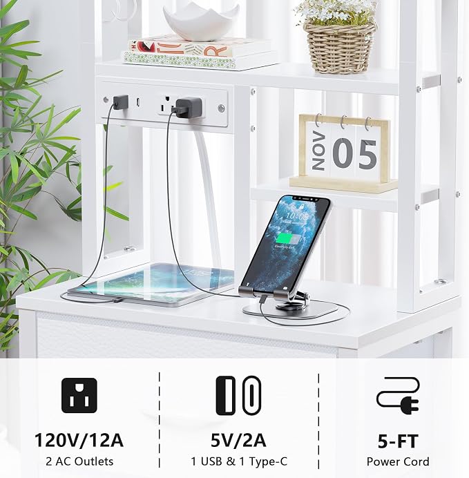 Furnulem Tall Nightstand with LED Lights and 3 Tier Shelves, Night Stand with 3 Fabric Drawers, 45.3inch Tall Bedside Tables with USB Ports and Outlets in Bedroom, Dorm, Office (White)