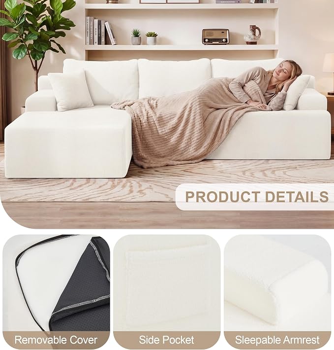 Hobestluk Modular Sectional Sofa Couches L-Shape Couch 3 Seat Modular Sofa Memory Foam Sectional Couches for Living Room, Cloud Couch with Oversized Chaise (White Smooth, 108", Left Hand Facing)