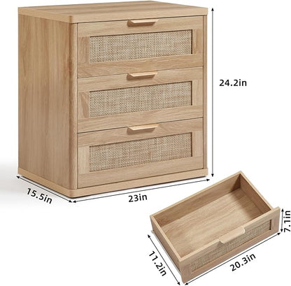 LEYAOYAO Rattan Night Stand with Drawers, 23" Large 3 Drawer Boho Nightstand, Natural Wood Bedside Table Storage Cabinet, Bed Side End Tables Dresser for Bedroom, Living Room, Hallway, Closet