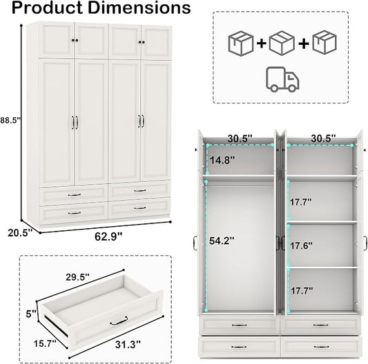 Armoire Wardrobe Closet with Doors: 89" Extra Tall White Wardrobe with Storage on Top, Bedroom Armoires with 4 Doors and 4 Drawers, Large Wood Closet Armoire for Hanging Clothes