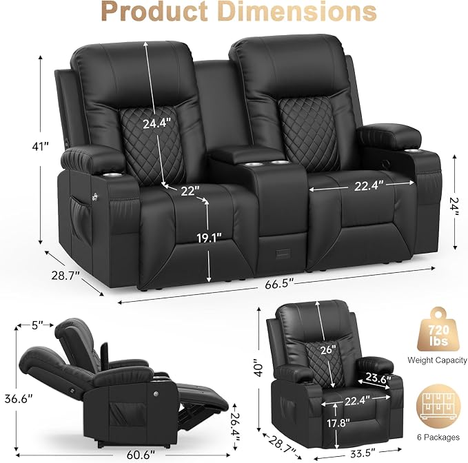 Recliner Sofa Set, Loveseat Recliner Couch and Recliner Chair with Heat & Massage, Home Theater Seating with Console, Drawer, USB Ports & Phone Holders, Reclining Loveseat for Movie Theater