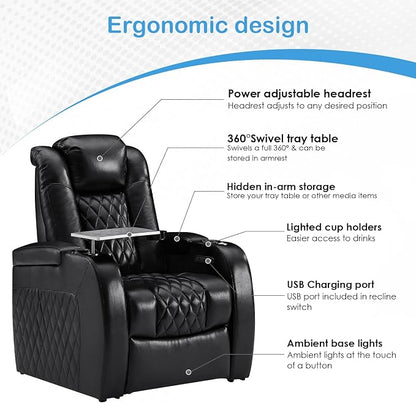 Weilianda Home Theater Seating Top Grain Leather Zero Gravity Recliner Chair Power Headrest Recline Movie Seat Gaming 7 Colors Mood Light Sofa with Tray Table USB Charge Row of 6 Black