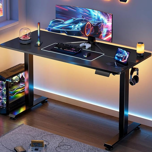 Veken 55 Inch, Height Adjustable Sit Stand Up, Wood Desktop, Work Home Office Computer PC Table, Tall Standup Workstation, Gaming Writing Study Bedroom Rising Desks, Black