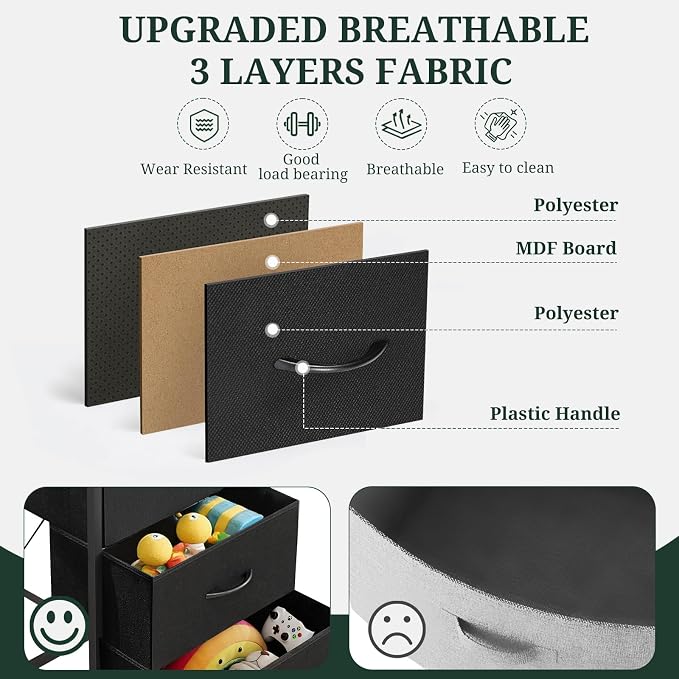 5 Drawers Dresser for Bedroom, Fabric Storage Tower Organizer with Wooden Top and Steel Frame, Tall Chest of Drawers for Closet, Entryway, Dorm, Black