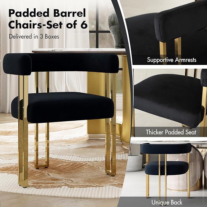 Hyfirm Set of 6 Black and Gold Modern Dining Chairs, Velvet Upholstered Barrel Armchairs with Metal Legs for Kitchen Island, Mid Century Accent Chairs for Dining Room Living Room, Open-Back