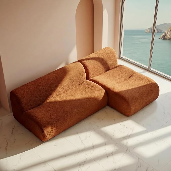 Curved Sectional Modular Couch with Chaise, Modern 92.13'' Boneless Sofa with Deep Seat, Sherpa Boucle Cloud Couch for Living Room, Cozy Teddy L-Shaped Couches，No Assembly, Brown