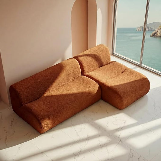 Curved Sectional Modular Couch with Chaise, Modern 92.13'' Boneless Sofa with Deep Seat, Sherpa Boucle Cloud Couch for Living Room, Cozy Teddy L-Shaped Couches，No Assembly, Brown