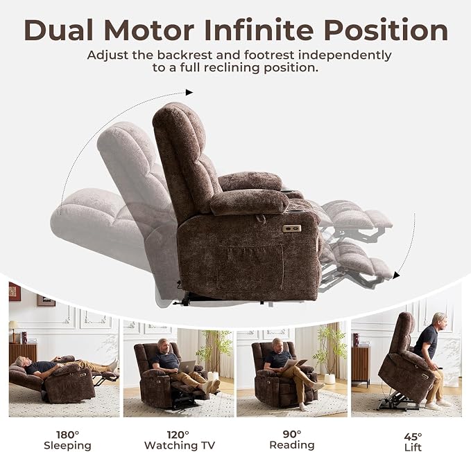 Oversized Power Recliner Chair for Elderly with Massage and Heat, Dual Motor Lay Flat Recliner with Arm Storage，Lift Chair for Big Tall, Infinite Position,Extended Footrest, Coffee