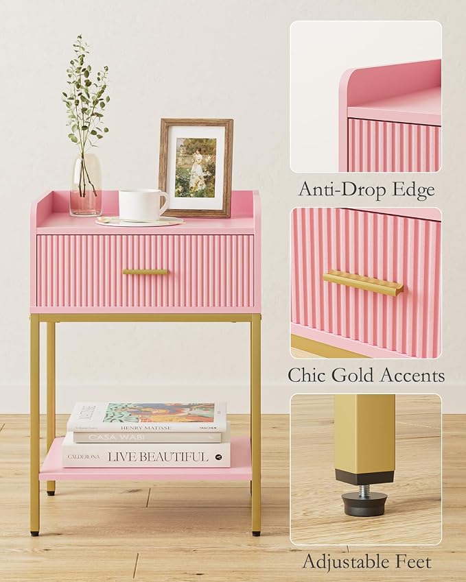 Nightstand, 3-Tier Bed Side Table, Small End Table, Night Stand with Open Shelf and Drawer, Bedside Table for Bedroom, Living Room, Pink