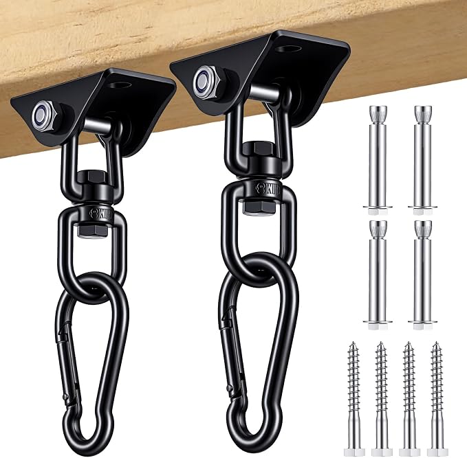 2 Pcs Swing Hanging Kit, Heavy Duty 2000 LB Capacity 360 Degree Rotating Hangers, Hardware for Porch Swing, Hammock, Chair, Yoga, Playground, Indoor and Outdoor Use, Black