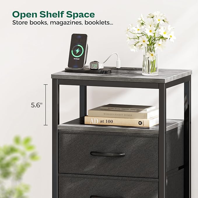 Huuger Night Stand with Charging Station, 4 Drawer Dresser for Bedroom, Bedside Table, 33.9 Inch Tall Nightstand with Open Shelf, End Table, for Closet, Entryway, Bedroooom, Gray