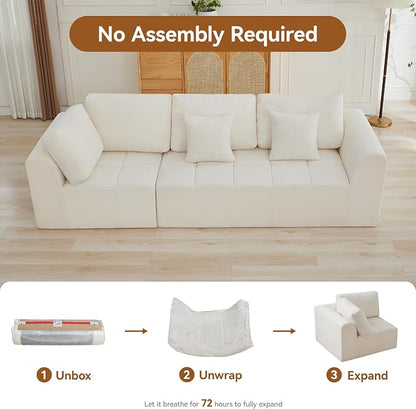 110''Modular Sectional Couches for Living Room, Cloud Boneless Compressed Sectional Sofa, Oversized 3 Seater Upholstered Memory Foam Sofa, No Assembly, Chenille Beige