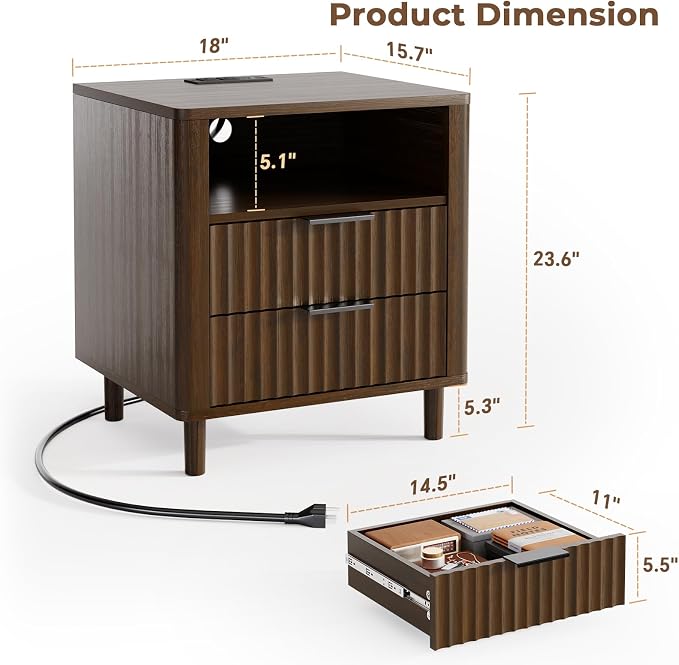 Fluted Nightstand with Charging Station, 2 Drawers Storage Bedside Table, Solid Wood Modern Nightstand with Open Shelf, Curved Profile Design, End Table for Indoor Room Bedroom Office, Walnut