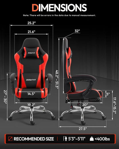 Dowinx Ergonomic Gaming Chair with Footrest & Massage Lumbar, 2D-Linkage Armrests for Computer Chair 330lbs with Headrest Pillow for Office, Home, Streaming and Long Gaming Sessions, Red