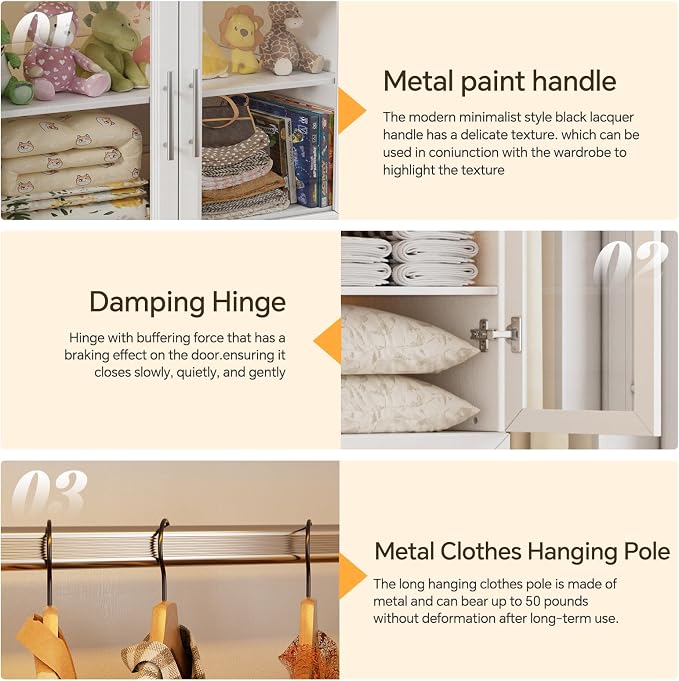 PAKASEPT Armoire Wardrobe Closet Door, Bedroom Closet Wardrobe Cabinet with Hanging Rod, Lighted Freestanding Armoire Storage Cabinet for Bedroom Cloakroom White (White&Full Glass Door)