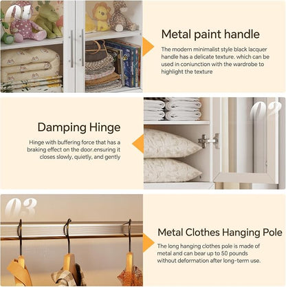 PAKASEPT Armoire Wardrobe Closet Door, Bedroom Closet Wardrobe Cabinet with Hanging Rod, Lighted Freestanding Armoire Storage Cabinet for Bedroom Cloakroom White (White&Full Glass Door)