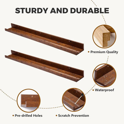 Muzilife 35.4" Large Floating Wall Ledge Shelves with Lip - Set of 2 Rustic Wood Floating Shelves - Honey Wall Mounted Picture Ledge for Office, Bathroom, Bedroom, Living Room, Kitchen