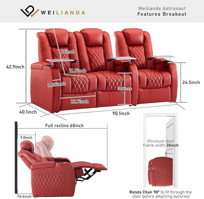 Weilianda Home Theater Seating Top Grain Leather Zero Gravity Recliner Chair Power Headrest Recline Movie Seat Gaming 7 Colors Mood Light Sofa with Tray Table USB Charge Row of 3 Loveseat Left Red