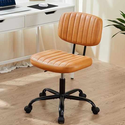 Sweetcrispy Small Office Desk Chair, Armless PU Leather with Comfy Lumbar Support, Height Adjustable Rolling Swivel Task for No Arms, for Adult, Student, Bedroom, Home, Vanity, Brown