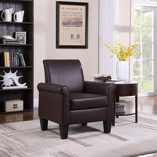 Modern Faux Leather Accent Chair, Upholstered Living Room Armchairs, Comfy Winged Arm Single Sofa Chair for Bedrom, Apartment, Office, Espresso