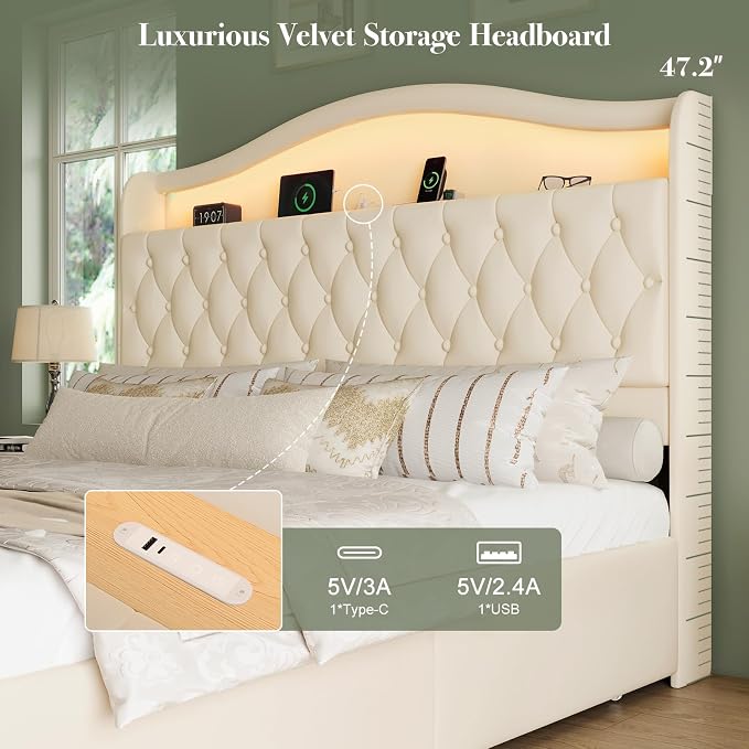 King Size Bed Frame and Headboard & 4 Storage Drawers, Upholstered Platform Bed Frame with RGB LED Lights & Charging Station, No Box Spring Needed, Easy Assembly, Noise-Free, Beige