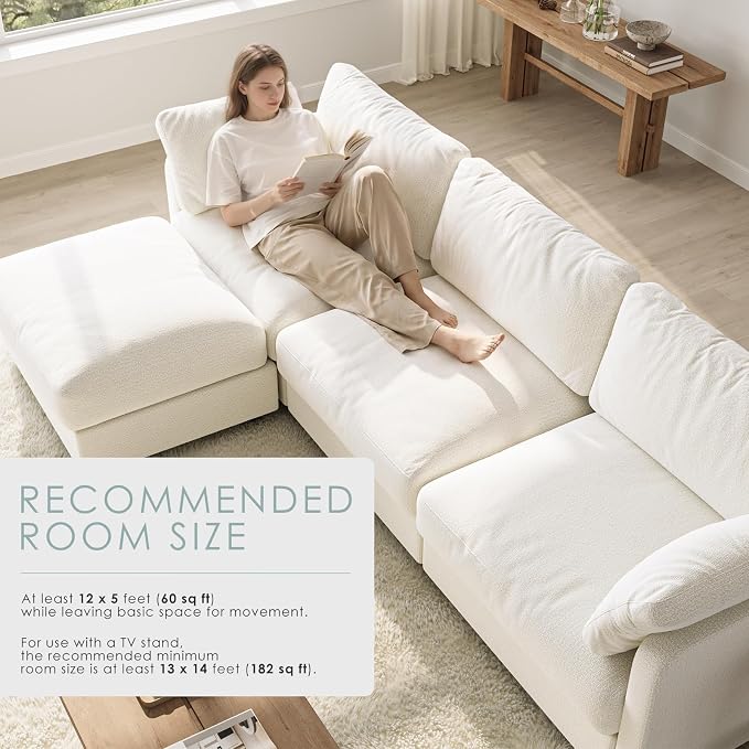 114" Cloud Couch Sectional Couches for Living Room Warm White | 10" High-Resilience Cloud Cushion, 36" Movable Ottoman, Plus-Size Friendly Couch, 28" Extra Deep Seat Sofa