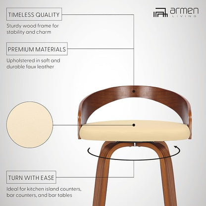Armen Living Sonia 30" Bar Height Swivel Cream Faux Leather and Walnut Wood Bar Stool - Set of 3