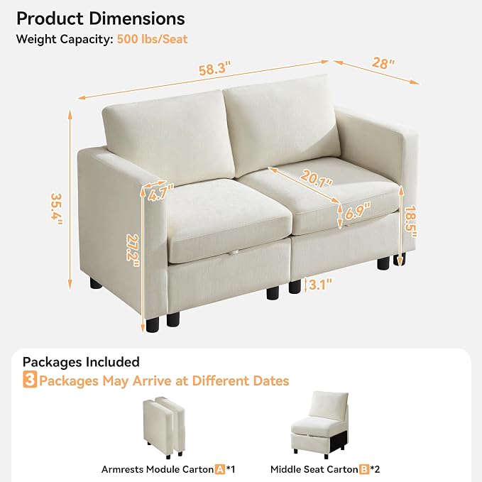 WUTUTUEE 58'' Modular Sectional Loveseat Sofa, Modern Love Seat 2 Seater Sofa Couch with Storage, Chenille Modular Sectional Couch for Living Room, Bedroom, Office, Small Apartment, Beige