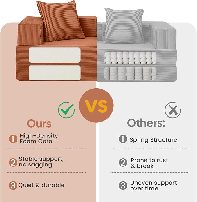 COMAX Futon Sofa Bed, Convertible Sofa Bed, Folding Boneless Couches | Boneless Couch for living room, Fold Out Small Foldable Loveseat Floor Sleeper Mattress Lounge Space‑Saving, Light Orange