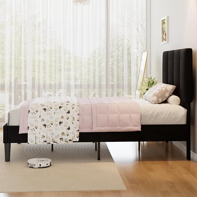 VECELO Twin Size Bed Frame with Upholstered Headboard, Heavy-Duty Bedframe with Wooden Slats & Steel Framework, Easy Assembly, Velvet & Black