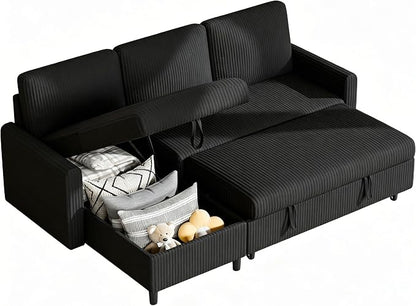 Vongrasig Convertible Sofa Bed with Storage for Small Space, Black Corduroy | Pull Out Couch with Storage , 77" L-Shaped Sleeper Sofa Bed with Storage Chaise Corduroy Fabric for Living Room, Apartment
