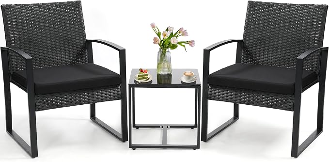 3 Piece Outdoor Wicker Bistro Set, Rattan Patio Conversation Set with Coffee Table & Washable Cushions for Porch Yard Balcony, Black/Black