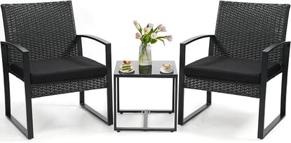 3 Piece Outdoor Wicker Bistro Set, Rattan Patio Conversation Set with Coffee Table & Washable Cushions for Porch Yard Balcony, Black/Black