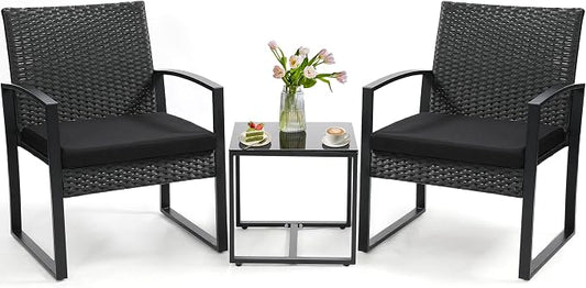 3 Piece Outdoor Wicker Bistro Set, Rattan Patio Conversation Set with Coffee Table & Washable Cushions for Porch Yard Balcony, Black/Black