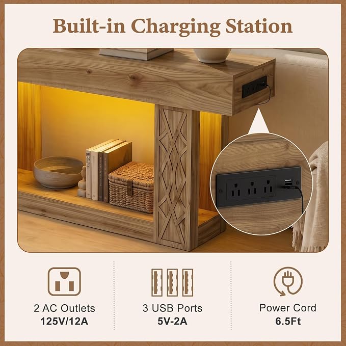 Unikito 63" Console Table with Outlets & LED Lights, Farmhouse Entryway Table with Unique Geometric Pattern, Sofa Table Behind Couch with 2-Tier Storage for Living Room, Hallway, Foyer, Natural Oak