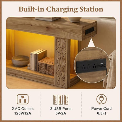 Unikito 63" Console Table with Outlets & LED Lights, Farmhouse Entryway Table with Unique Geometric Pattern, Sofa Table Behind Couch with 2-Tier Storage for Living Room, Hallway, Foyer, Natural Oak