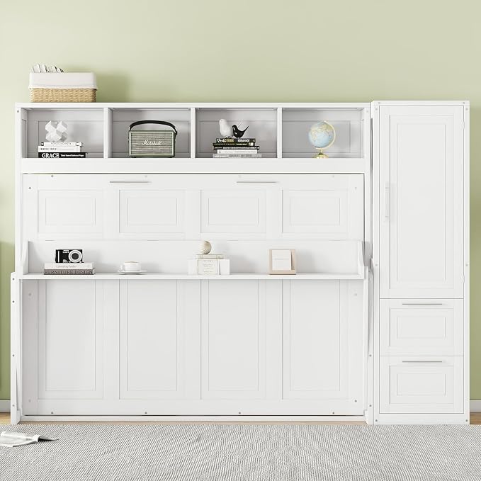 Virubi Full Horizontal Murphy Bed with Wardrobe Closet,2 Drawer,4 Storage Open Shelves,Wood Folding Murphy Wall Bed Cabinet, Slat Suuport (White,Full)