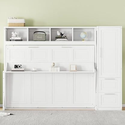 Virubi Full Horizontal Murphy Bed with Wardrobe Closet,2 Drawer,4 Storage Open Shelves,Wood Folding Murphy Wall Bed Cabinet, Slat Suuport (White,Full)