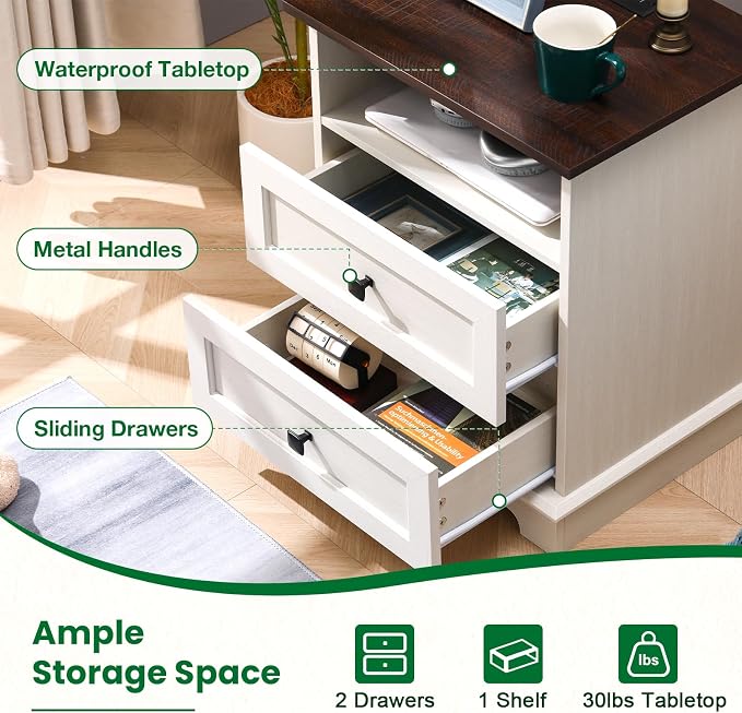 20-Inch Wide Modern Nightstands Set of 2 with Charging Station & Outlets, Bedside Tables with 2 Drawers and Open Shelf, Sleek Design End Tables for Bedroom and Office, White