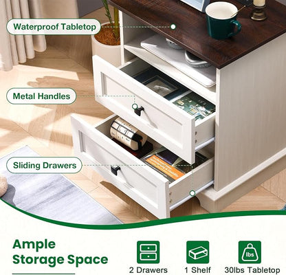 20-Inch Wide Modern Nightstands Set of 2 with Charging Station & Outlets, Bedside Tables with 2 Drawers and Open Shelf, Sleek Design End Tables for Bedroom and Office, White